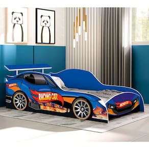 Conjunto Cama Carro Solteiro Racing Car Com Poteção Lateral Com Colchão Mdf - Azul