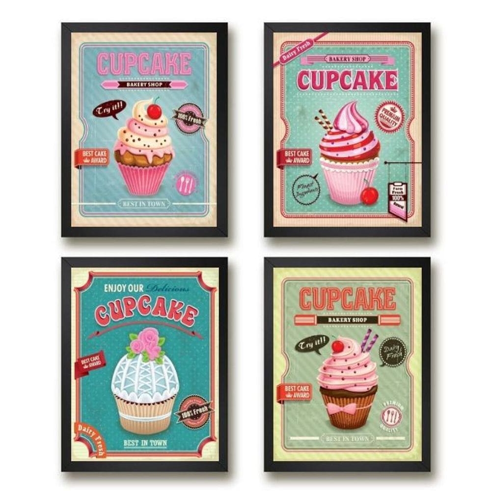 Kit 4 Quadros Para Cozinha - Cupcakes 24X18Cm
