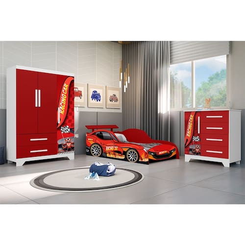imagem-Conjunto Quarto Infantil Carros Cama Solteiro com Proteção Lateral Cômoda Roupeiro Mdf - Vermelho