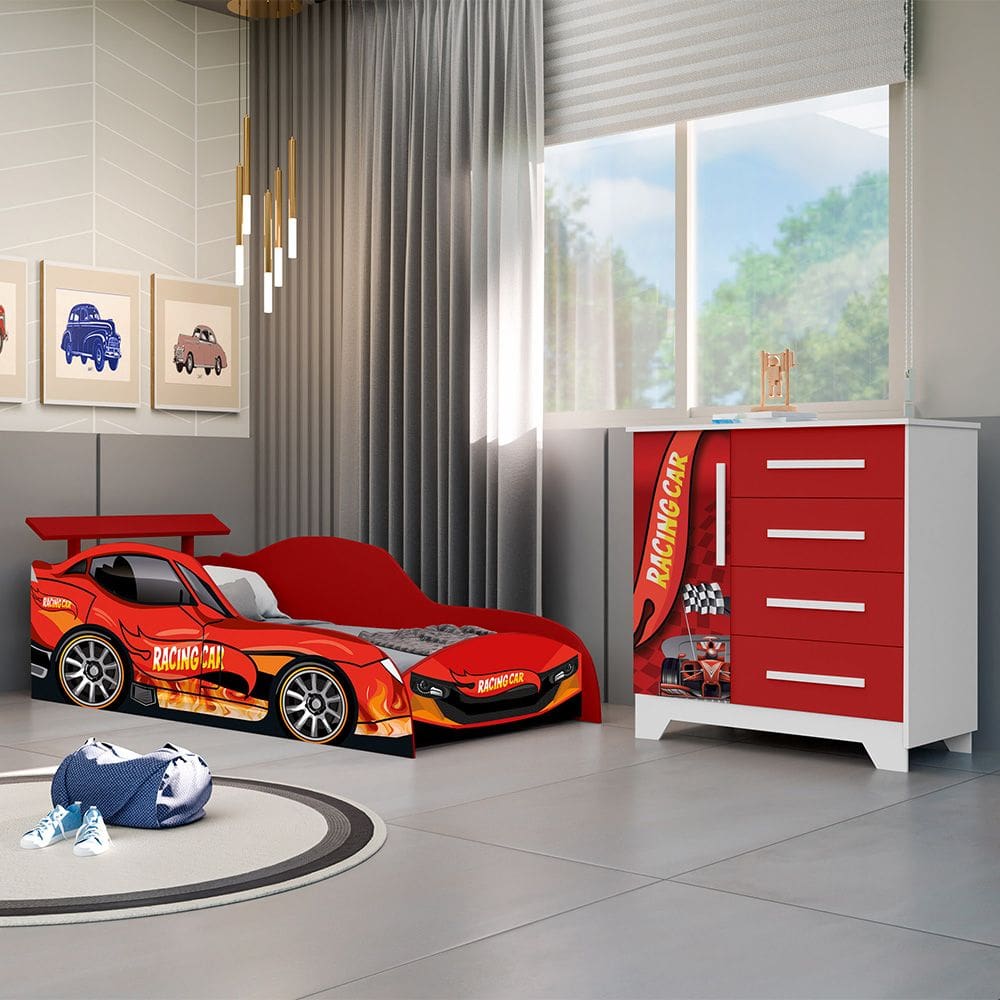 Jogo De Quarto Infantil - Cama E Comoda Carro Personagens - Vermelho