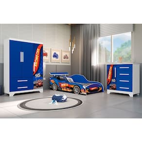 Jogo Quarto Infantil Completo Carro Com Colchão - Azul