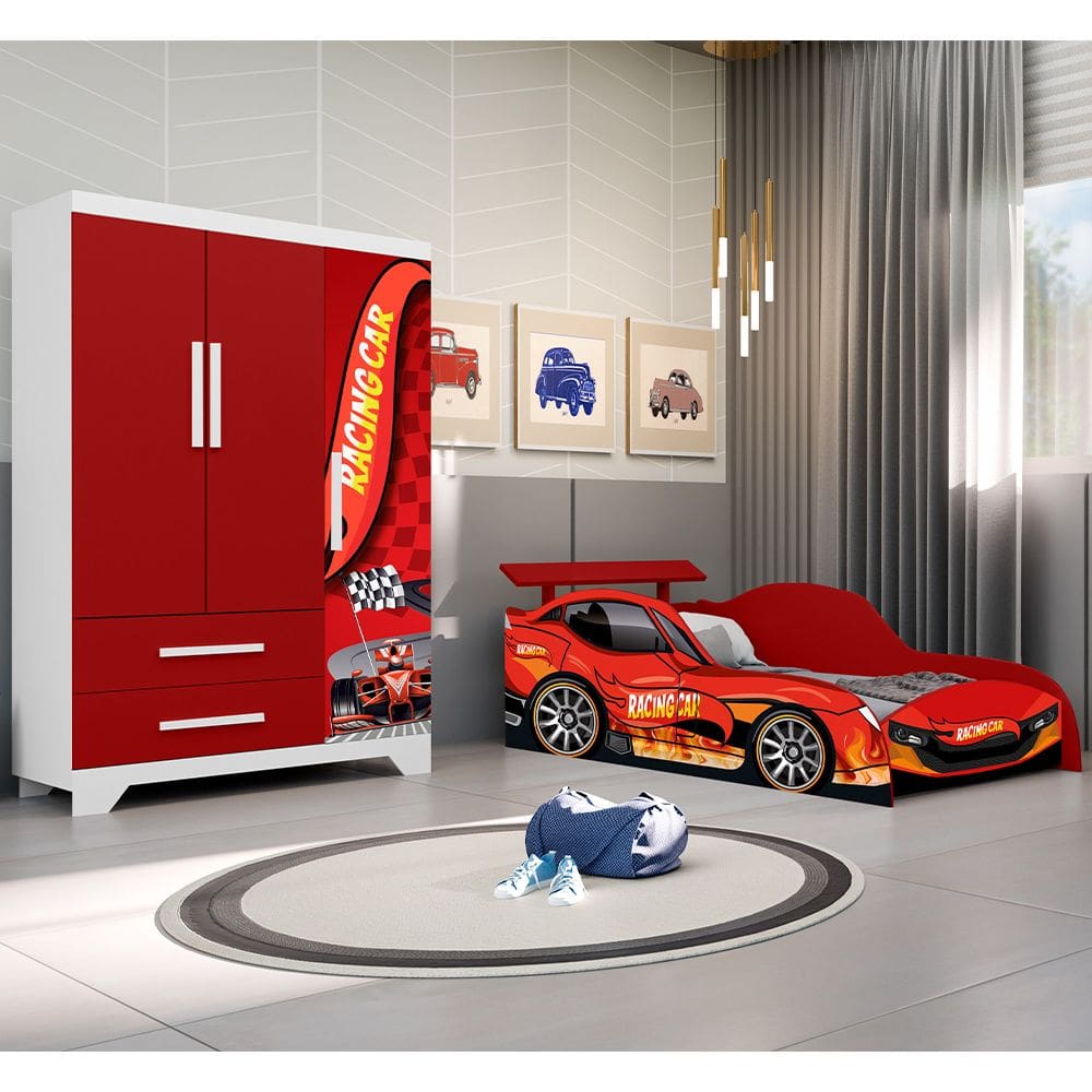 Jogo De Quarto Infantil - Cama Guarda Roupa Carro E Colchão - Vermelho