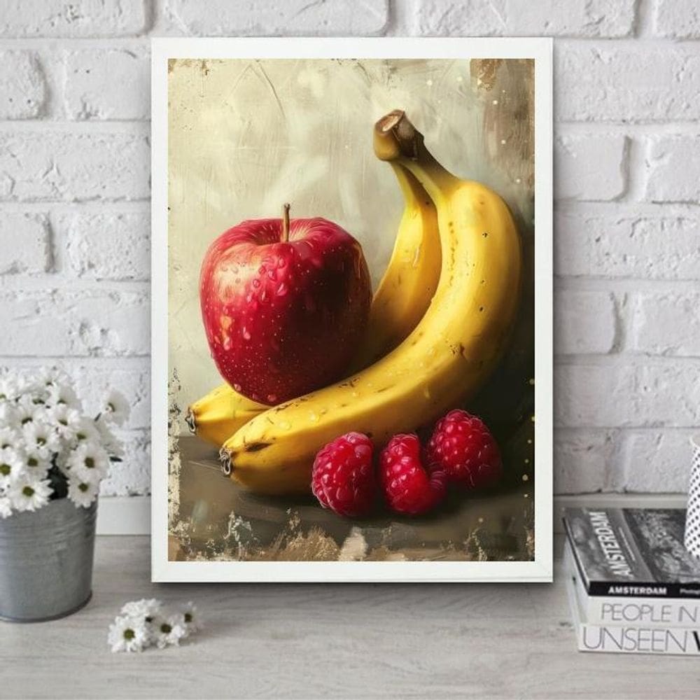 Quadro Para Cozinha Arte Maçã E Banana 24X18Cm
