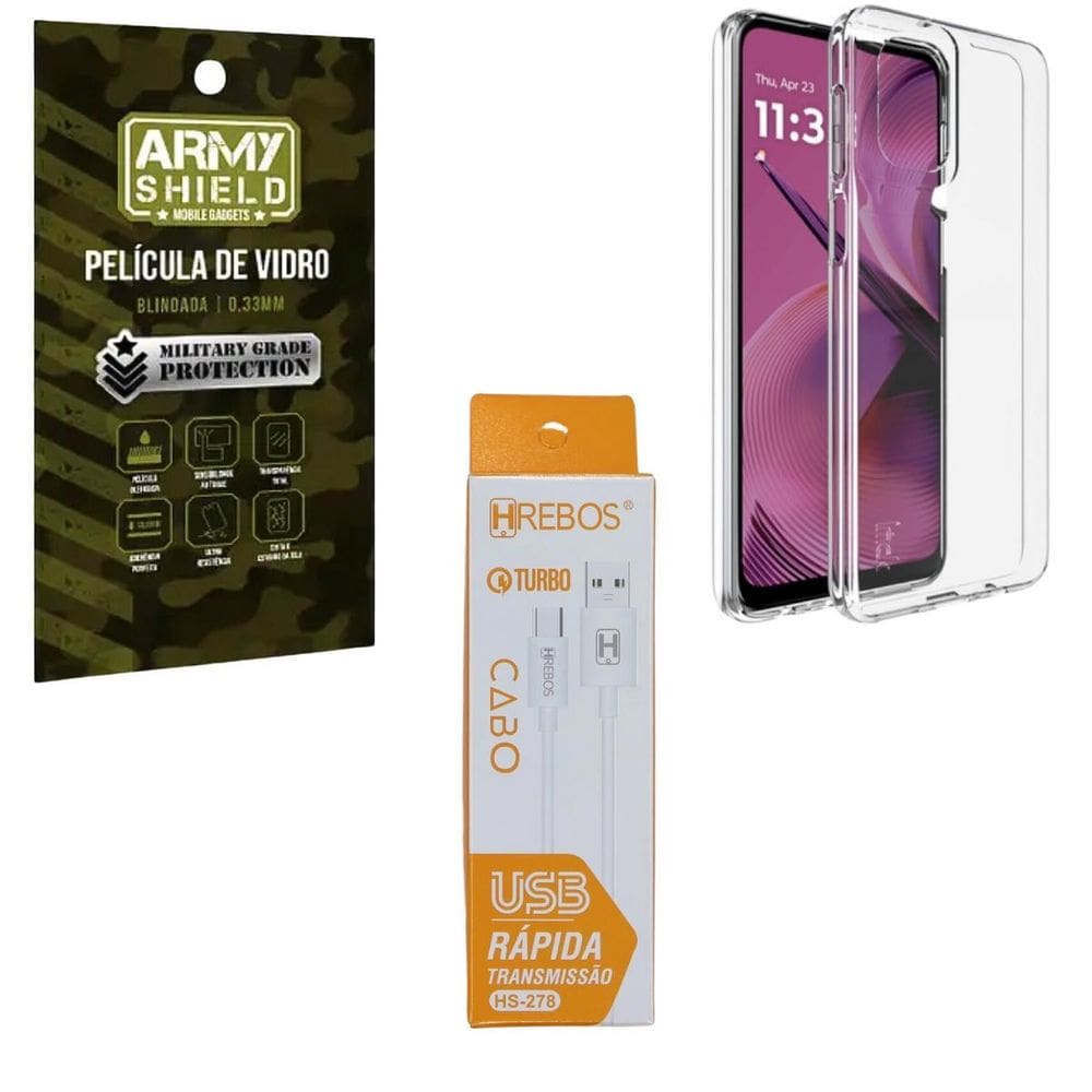Capa Transparente Para Moto G35 + Cabo Tipo-C 2 Metros + Pel