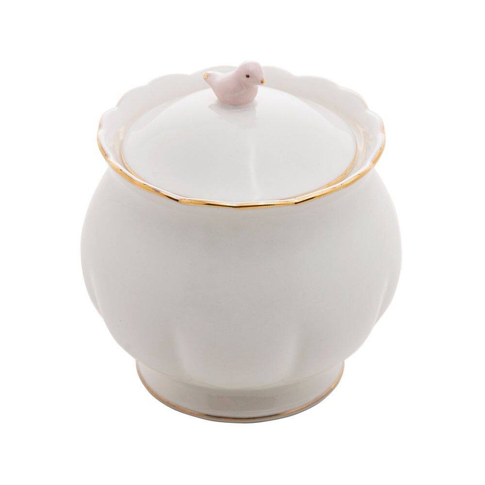 Açucareiro de Porcelana Branca Birds Design Plate Colorido Wolff