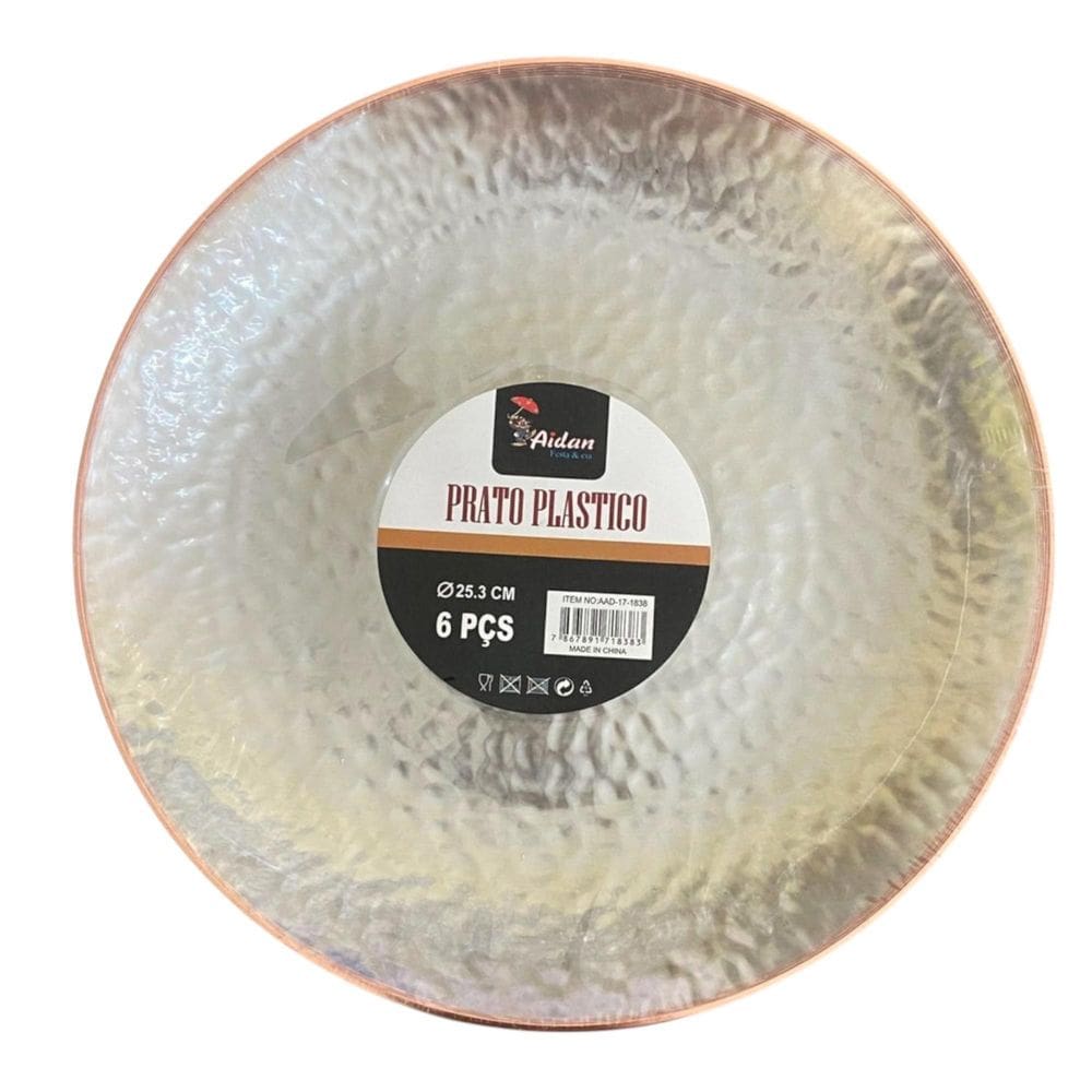 Kit 6 Pratos Acrílico Redondo Transparente Borda Rosê 25Cm
