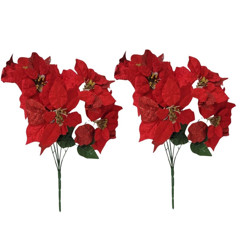 Jogo 2 Buquês Flor Bico de Papagaio Veludo e Glitter Vermelho Prime 45cm - Nataluz