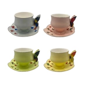 Cj 4 Xícaras P/Chá C/Pires de Porcelana Colorida Papillon 200ml L`Hermitage
