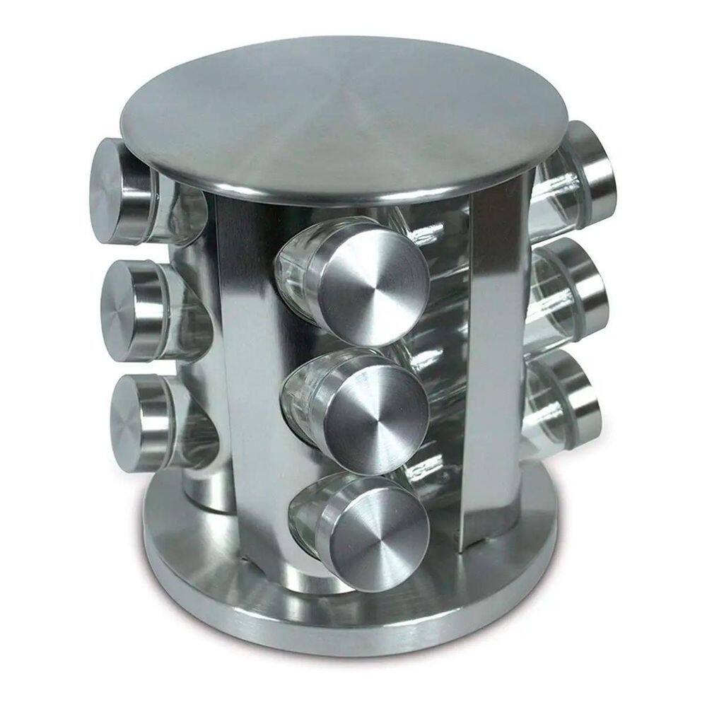 Porta Condimentos Vidro Giratório Com Tampa Inox Temperos