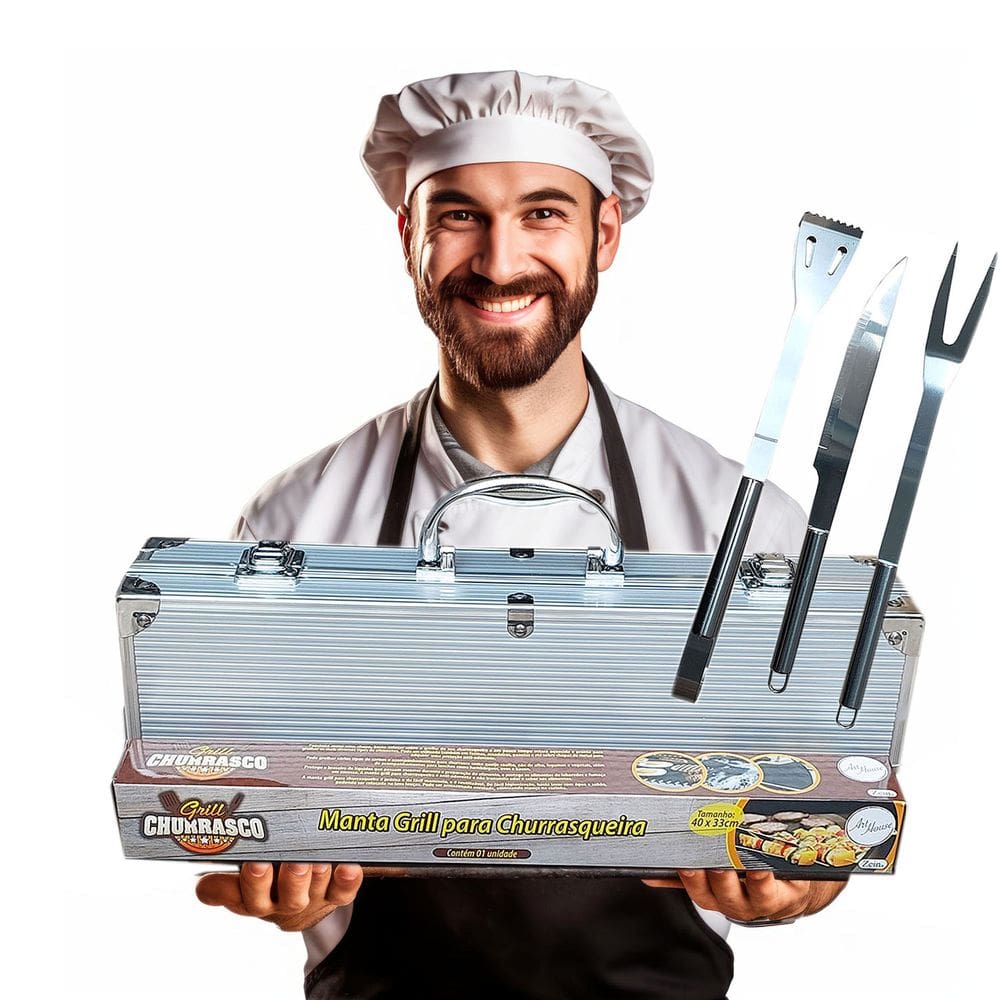 Kit Churrasco Inox: Maleta + Faca + Pegador + Garfo + Manta Grill Churrasqueira - Presente Natal Dia dos Pais