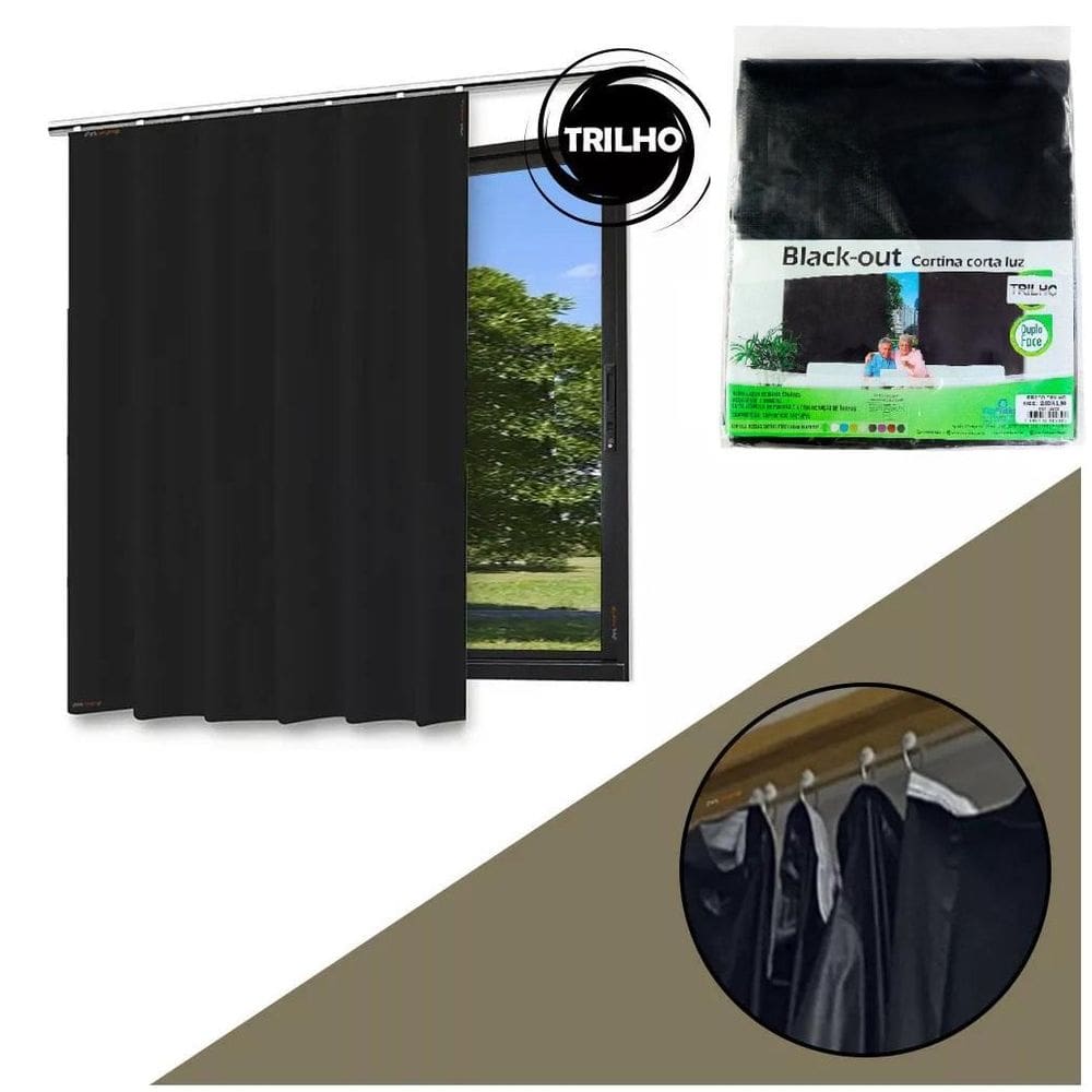 Cortina Blackout Preta Quarto Sala Para Trilho Com 280X180Cm