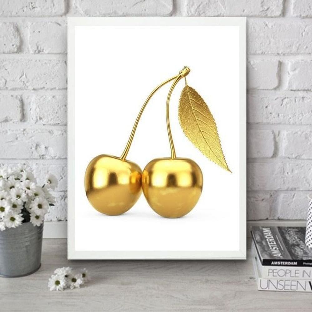 Quadro Para Cozinha Cereja Dourada 24X18Cm