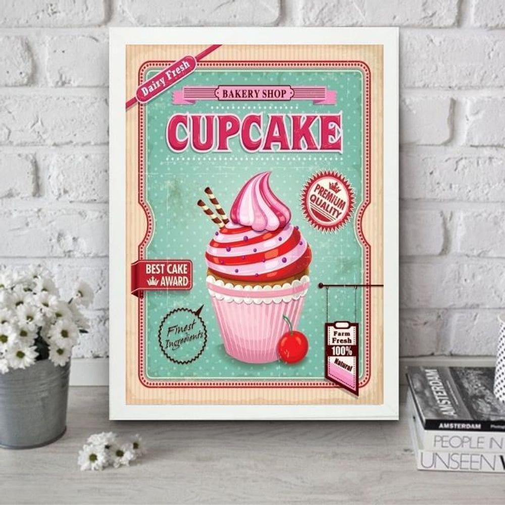 Quadro Para Cozinha Cupcake Rosa 33X24Cm - Com Vidro