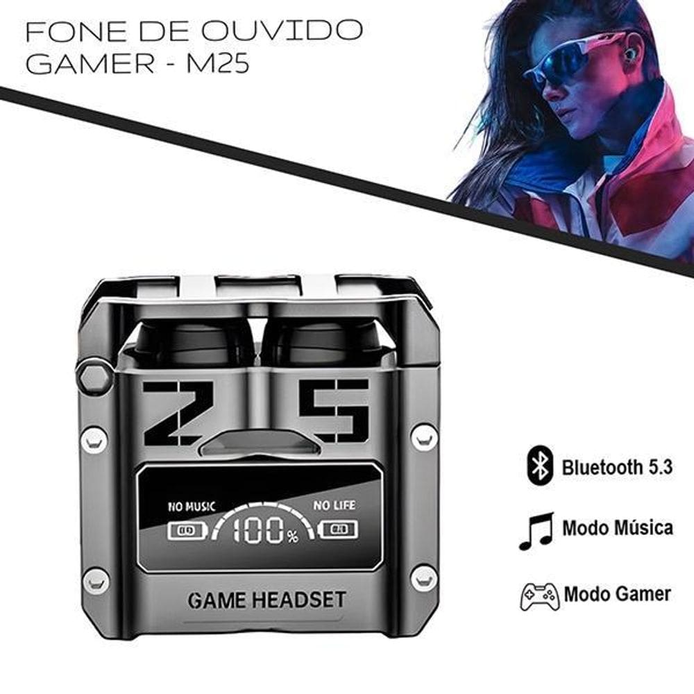M25 Fone De Ouvido Sem Fio Gamer Bluetooth V5.3 Led - Prata