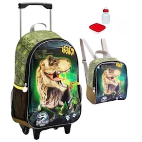 Kit Mochila Escolar Dinossauro T-Rex Rodinha Tam G Lancheira