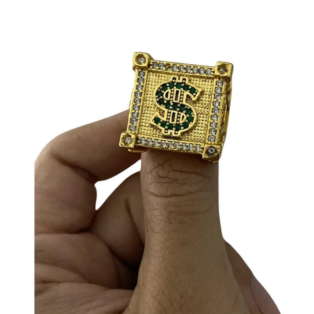 Anel Cifrão Cravejado Ajustável - Banhado A Ouro 18K