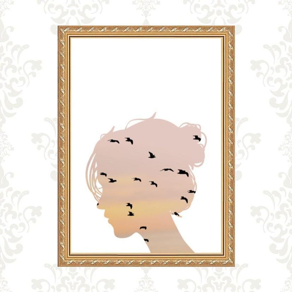 Quadro Moldura Dourada Menina Com Pássaros 24X18Cm