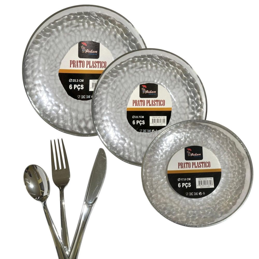 Kit Jantar 12 Pratos Acrílico 25Cm + 18 Talheres Festa