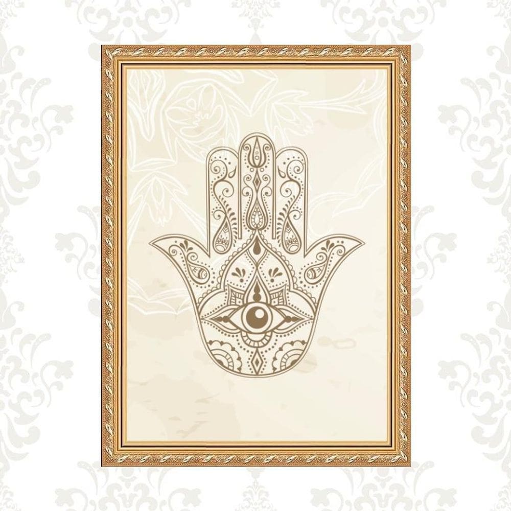 Quadro Moldura Dourada Hamsa Indiano 45X34Cm