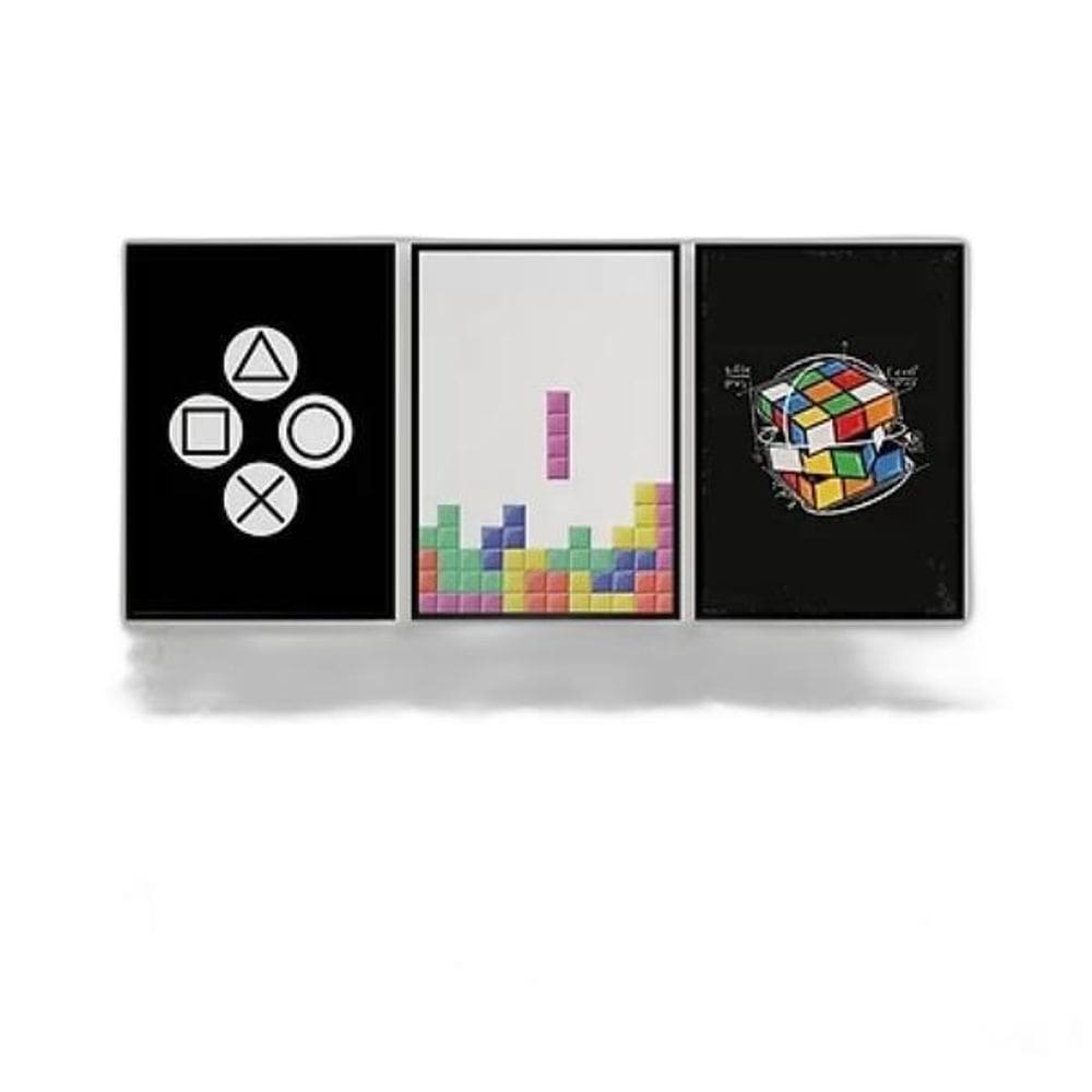 Kit 3 Quadros Gamer Cubo Mágico Tetris 33X24Cm