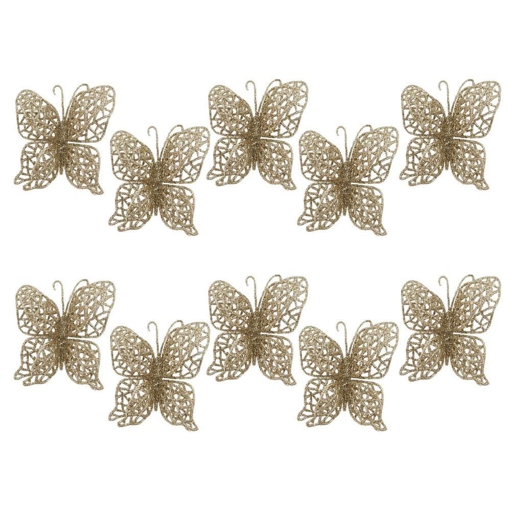 Jogo 10 Borboletas Arabesco Vazado Glitter Champanhe Natal Luxo 8cm - Bela Flor