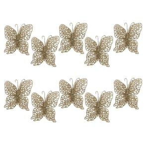Jogo 10 Borboletas Arabesco Vazado Glitter Champanhe Natal Luxo 8cm - Bela Flor