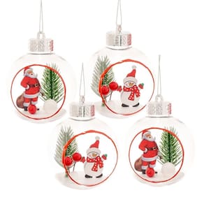 Jogo 4 Bolas de Natal Decoradas Papai Noel e Boneco de Neve 3D Transparente - Bela Flor