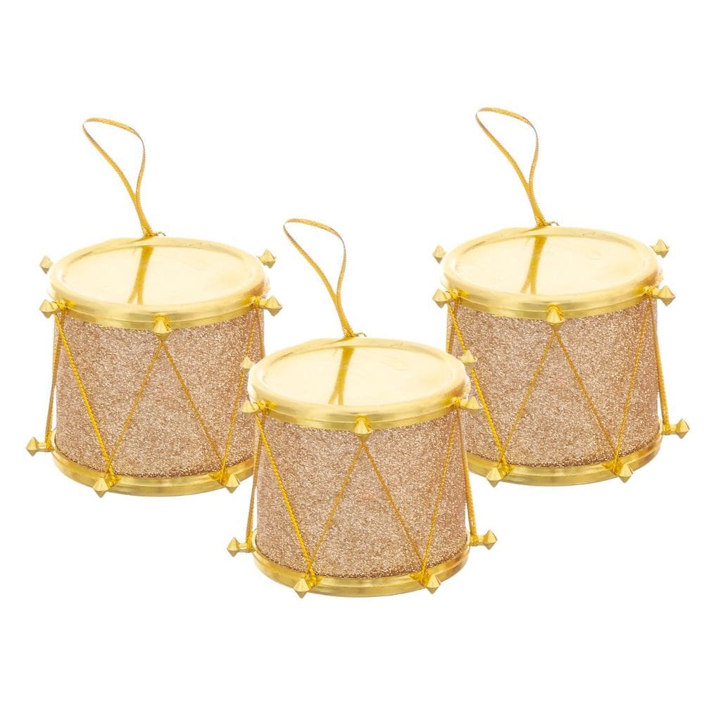 Jogo 3 Tambores Glitter Rosê Gold Iluminado LED Color Enfeite Natal - Bela Flor
