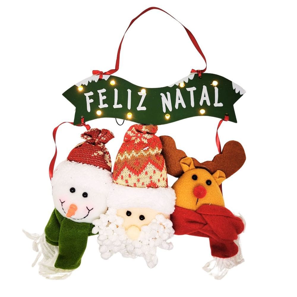 Placa Iluminada LED Feliz Natal Trio Pelúcia Papai Noel, Boneco de Neve e Rena 25cm - Master Christmas