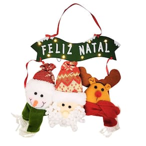 Placa Iluminada LED Feliz Natal Trio Pelúcia Papai Noel, Boneco de Neve e Rena 25cm - Master Christmas