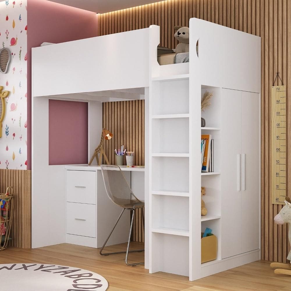 Cama Alta Infantil/Juvenil com Escrivaninha, Armário e Nichos