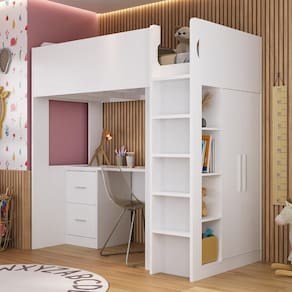 Cama Alta Infantil/Juvenil com Escrivaninha, Armário e Nichos