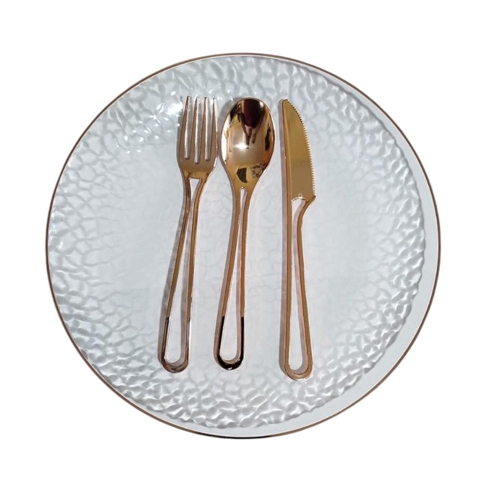 Kit 12 Pratos Acrílico Luxo Borda Rosê E 36 Talheres Festas