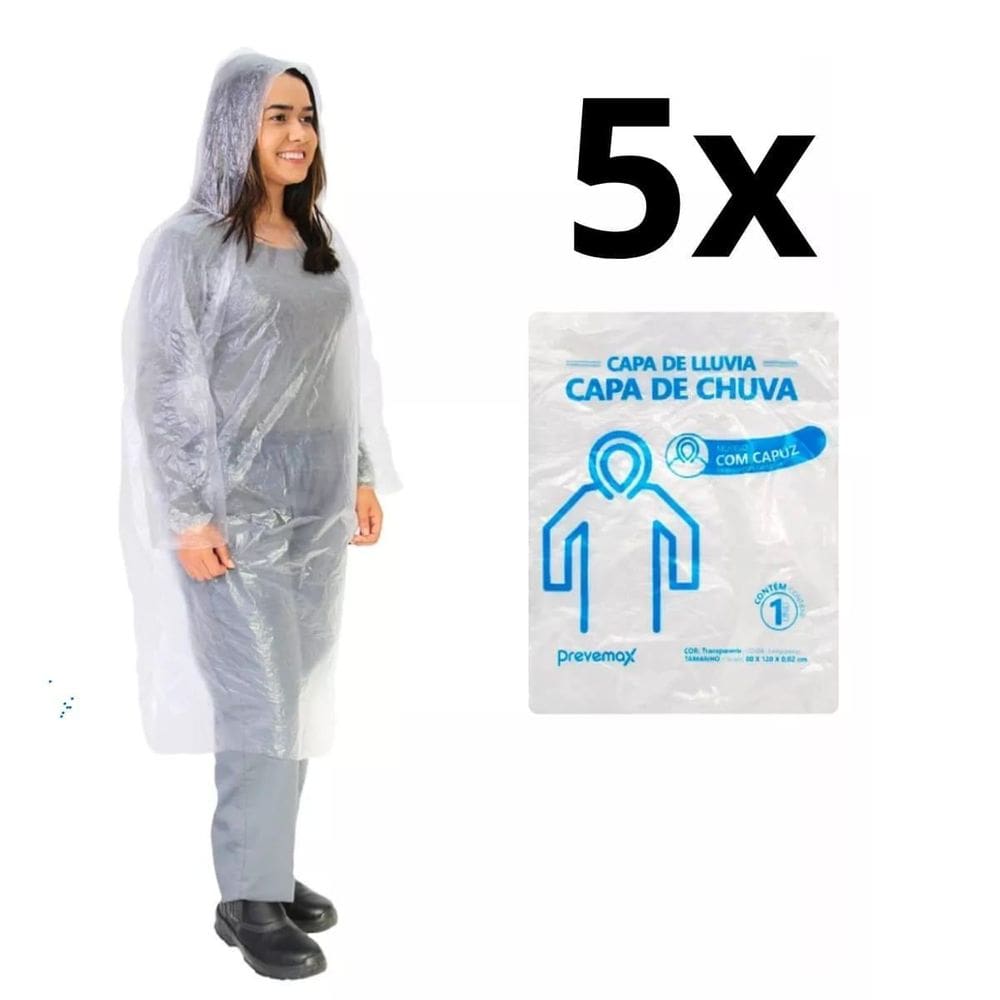 5 Capas De Chuva Descartavel Transparente Com Capuz Unissex
