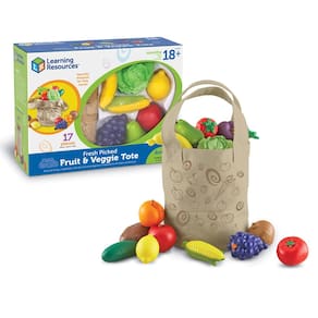 Recursos de aprendizagem da Pretend Play Toys: sacola de frutas e vegetais recém-colhidos, 17 peças