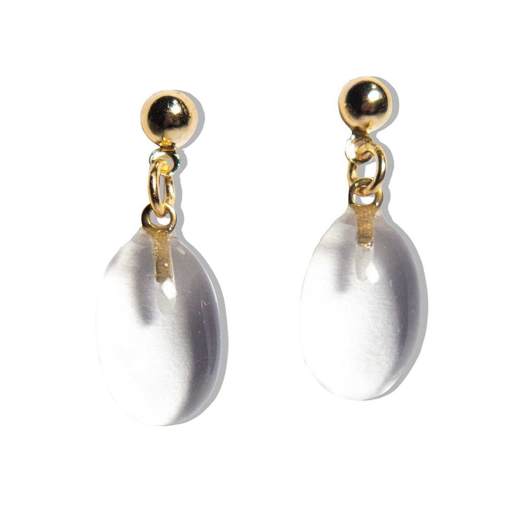 Brinco Cabochão Oval Pedra Cristal Natural Pino Dourado