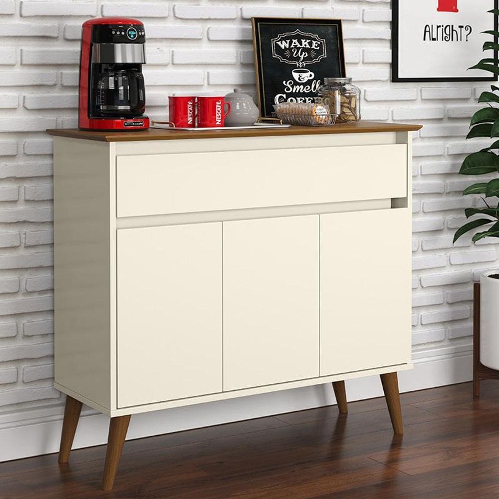 Aparador Buffet Zeus 1 Gaveta e 3 Portas Pés Madeira Maciça Off White/Freijo