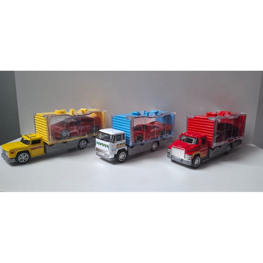 Caminhão cegonha de brinquedo e carrinho miniatura 15cm