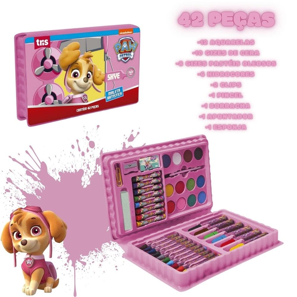 Kit Maleta Artística Patrulha Canina Divertida Infantil Skye 42 Peças