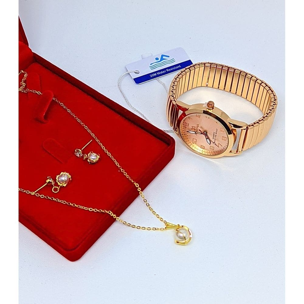 Kit Relógio de Pulso Feminino Quartzo Pulseira aço inox elástica analógico + Conjunto Colar e Par de Brincos Folheado