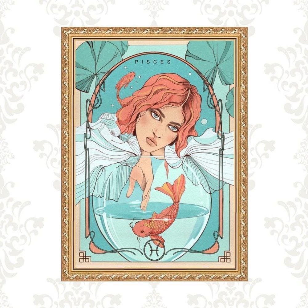 Quadro Moldura Dourada Signo Peixes 24X18Cm