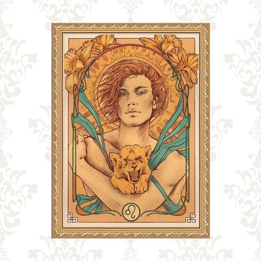 Quadro Moldura Dourada Signo Leão 45X34Cm