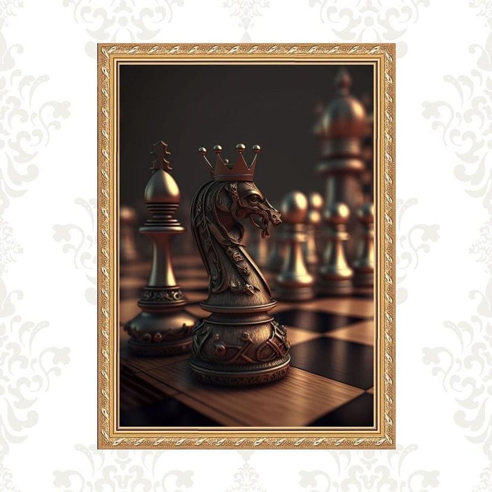 Quadro Moldura Dourada Tabuleiro Xadrez 24X18Cm