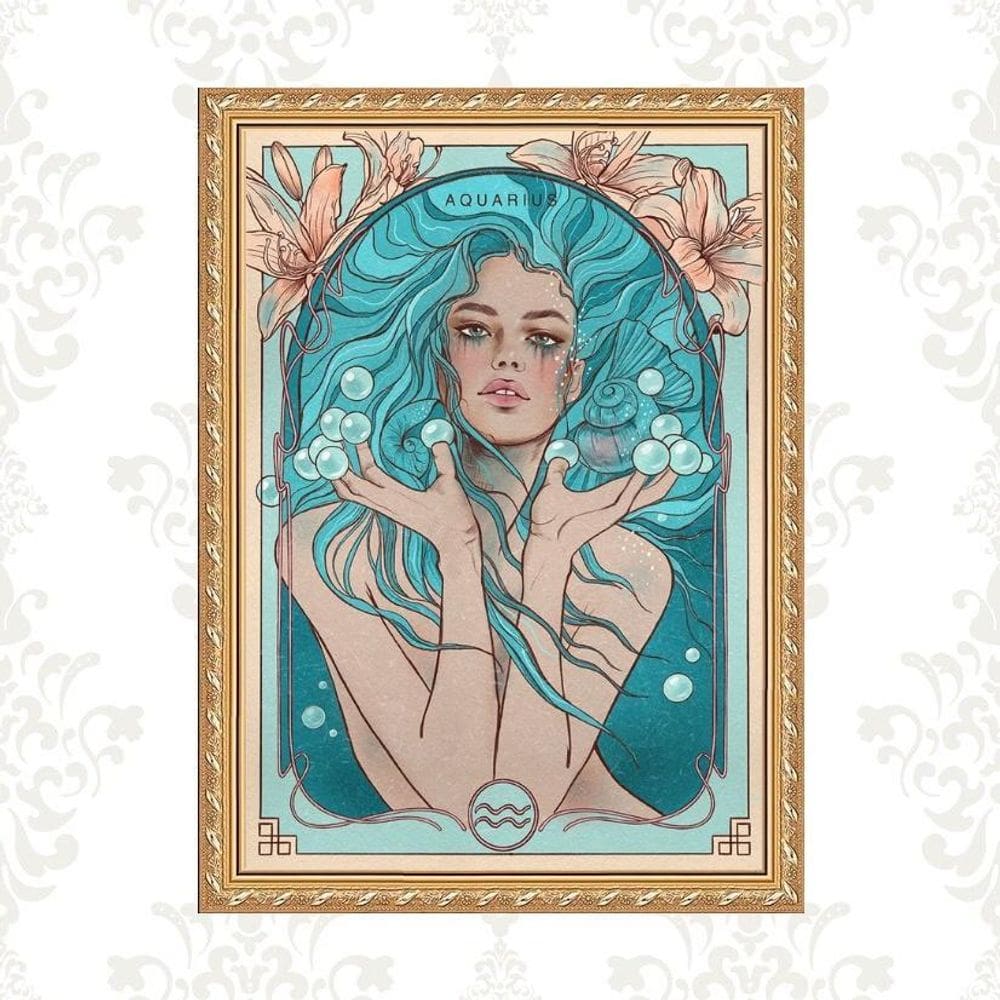 Quadro Moldura Dourada Signo Aquário 24X18Cm