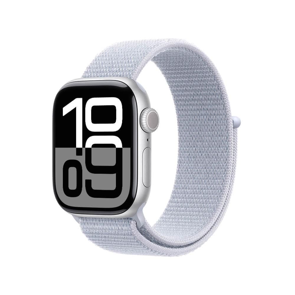 Apple Watch Series 10 GPS • Caixa prateada de alumínio – 42 mm • Pulseira loop esportiva nuvem azul