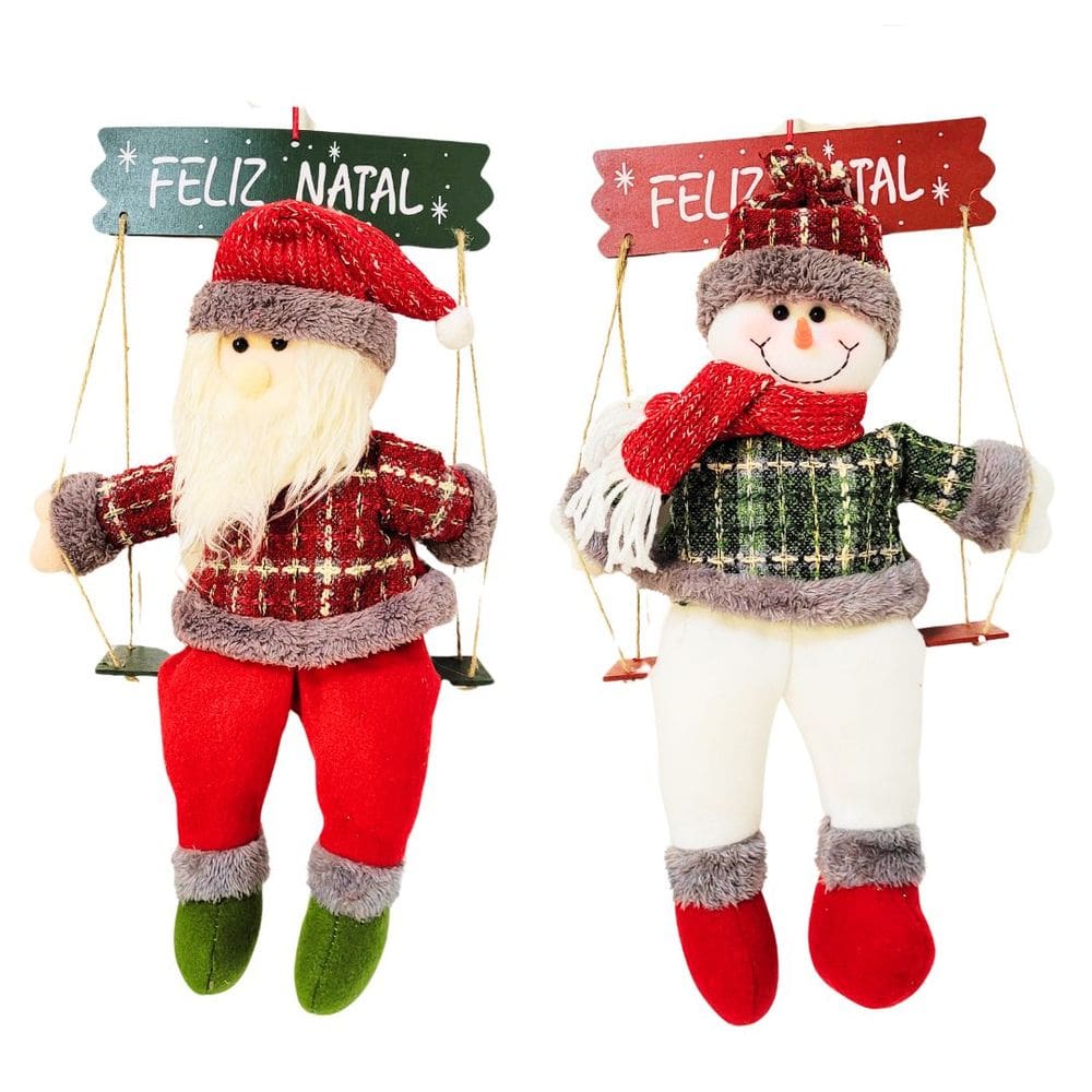 Jogo Papai Noel e Boneco de Neve Pelúcia Sentado na Gangorra Madeira Rústica e Placa Feliz Natal 43cm - Master Christmas