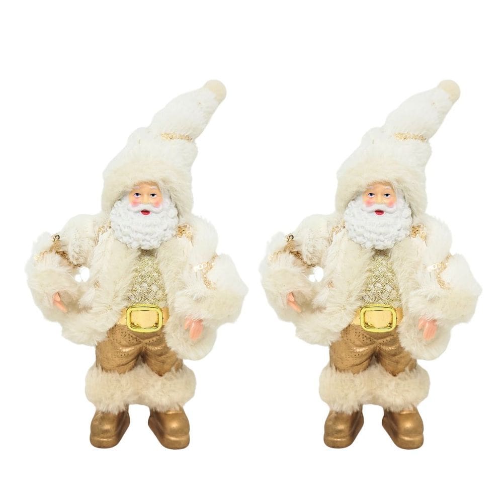 Jogo 2 Papai Noel Mini Branco e Dourado Luxo 20cm - Art Christmas