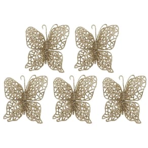 Jogo 5 Borboletas Arabesco Vazado Glitter Champanhe Luxo 8cm - Bela Flor