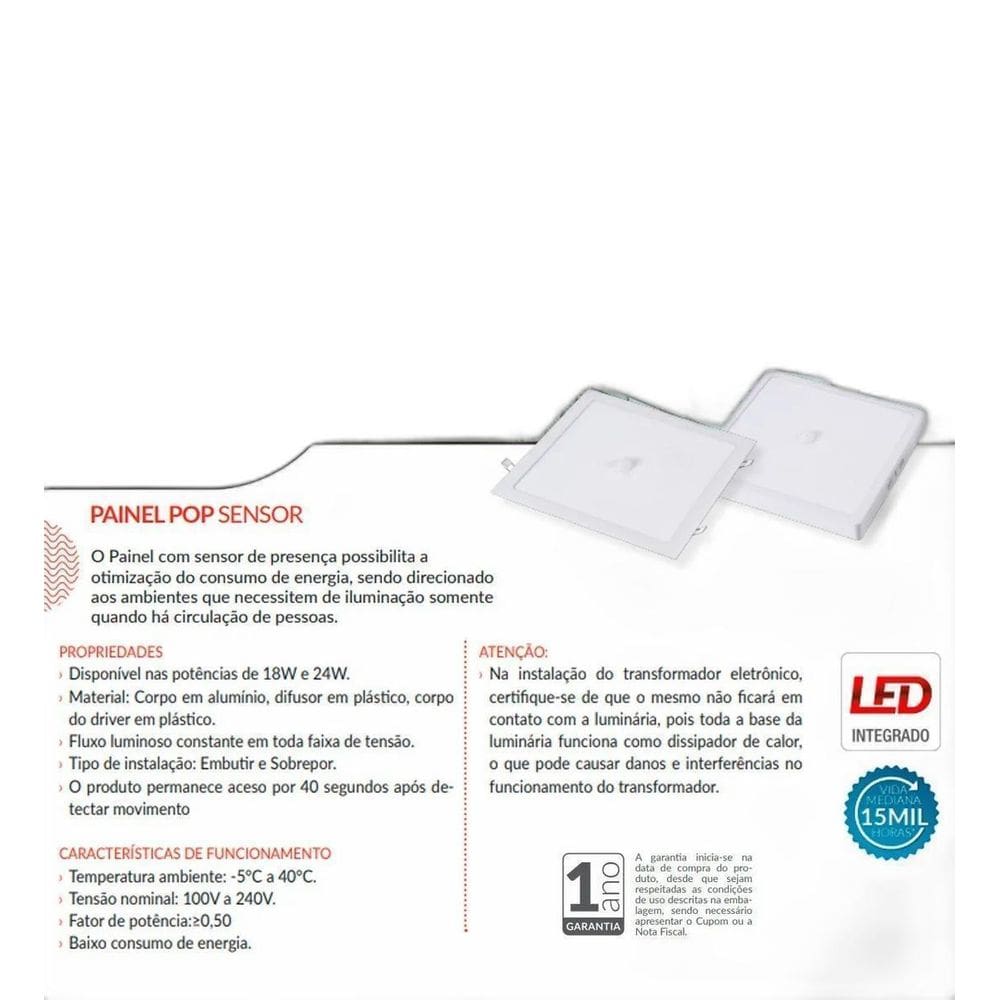 Painel Embutir Sensor De Presença Quadrado 18W 6500K Avant