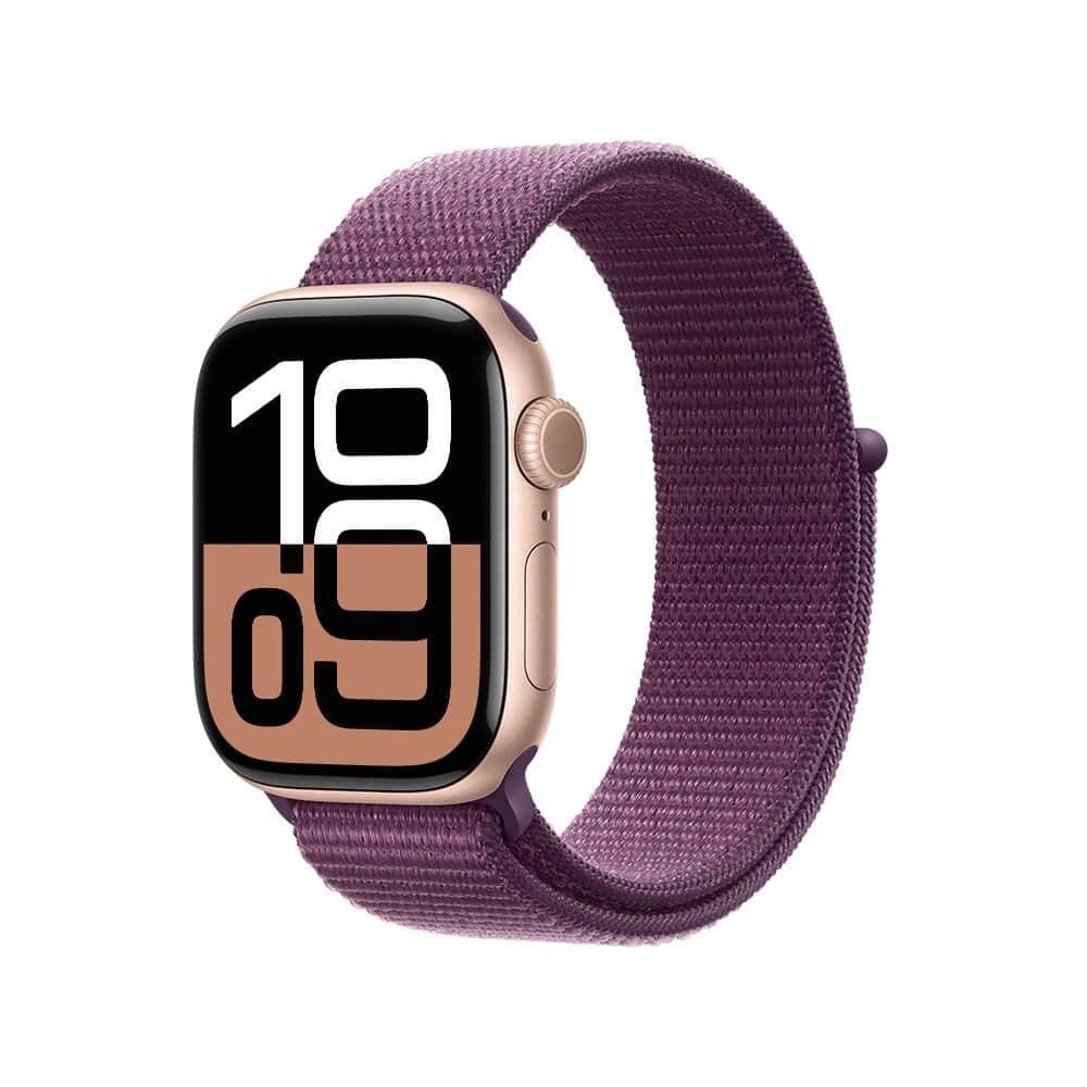 Apple Watch Series 10 GPS • Caixa cor de ouro rosa de alumínio – 42 mm • Pulseira loop esportiva ameixa